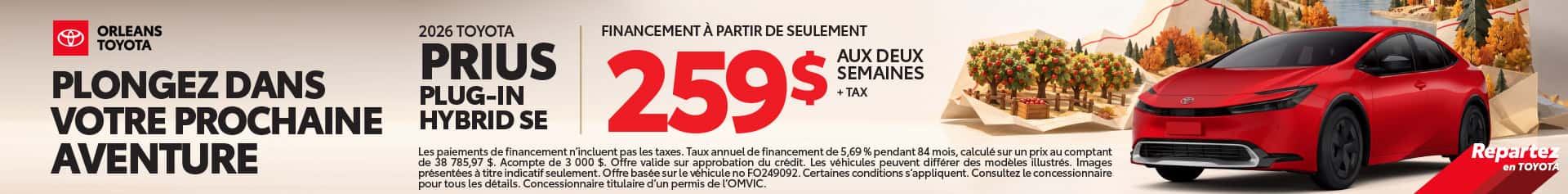 2026 prius plugin hybrid se - financement a partir de suelement 259$ aux deux semaines + tax Orleans Toyota